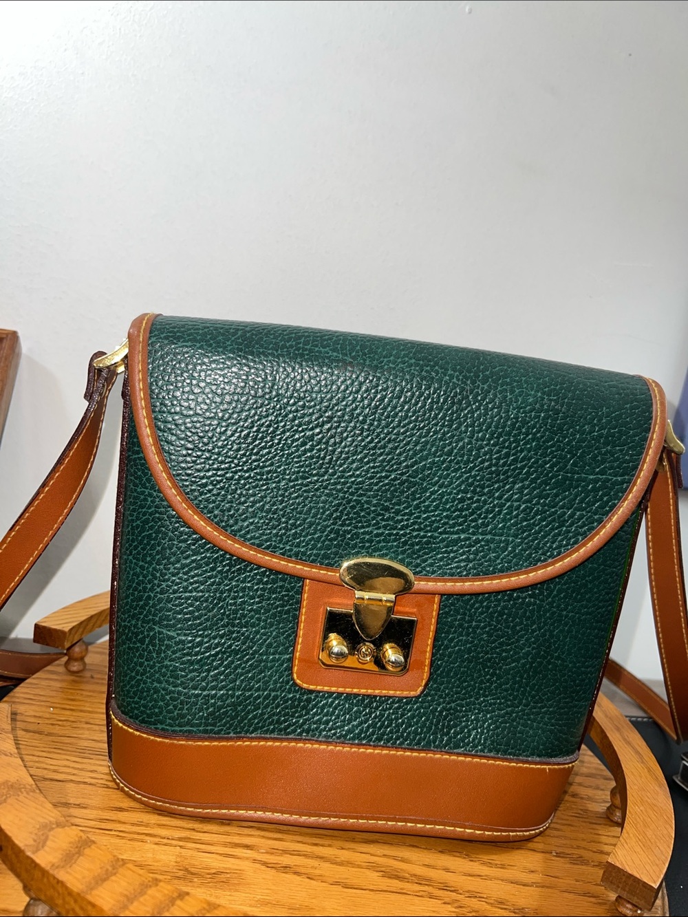 Green & Tan Pebbled Leather Crossbody Bag with Gold Hardware